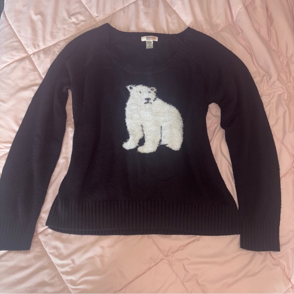 Route 66 Black Off-The-Shoulder Sweater with White Polar Bear Design
